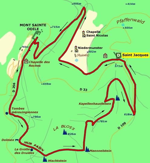 Carte du circuit de randonnée "LE MONT SAINTE-ODILE A PARTIR DU DOMAINE SAINT-JACQUES"